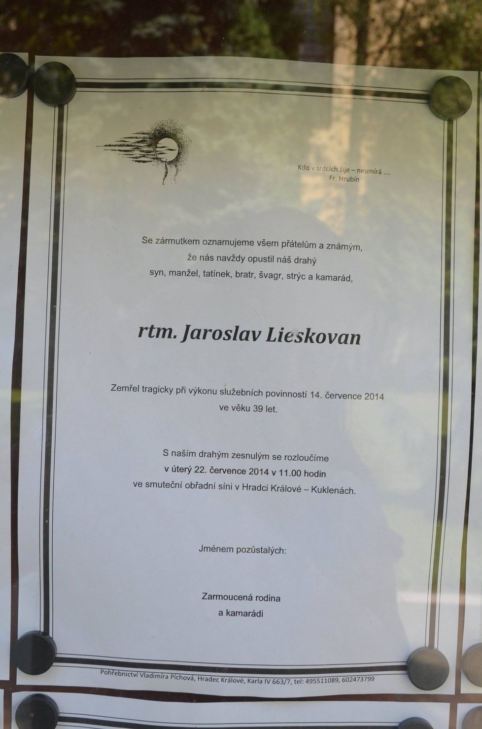 Jaroslav Lieskovan bude pohřben 22. července v Hradci Králové