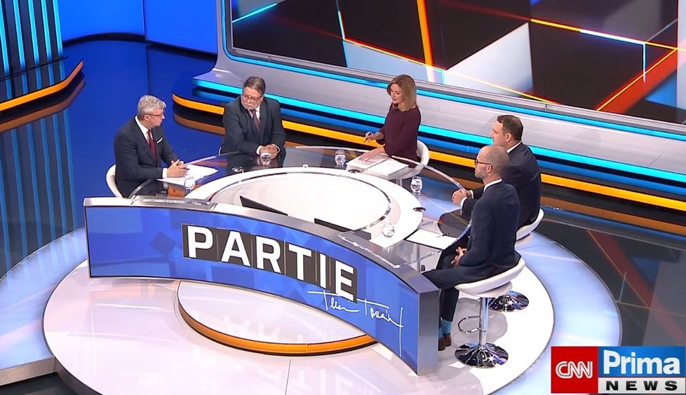 Karel Havlíček (ANO), Alexander Vondra (ODS), Radim Fiala (SPD) a Martin Jiránek (Piráti) v Partii na CNN Prima News (17.10.2021)