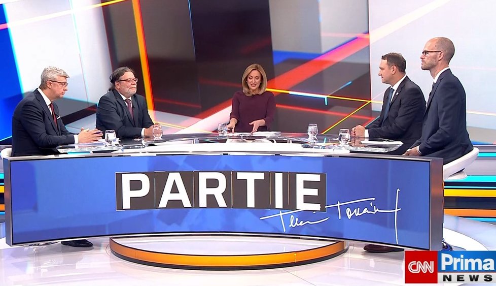 Karel Havlíček (ANO), Alexander Vondra (ODS), Radim Fiala (SPD) a Martin Jiránek (Piráti) v Partii na CNN Prima News (17.10.2021)