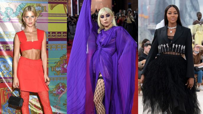 Zleva: Módní influencerka Caroline Daur ve Versace, Lady Gaga v Gucci a Naomi Campbell v Alexander McQueen