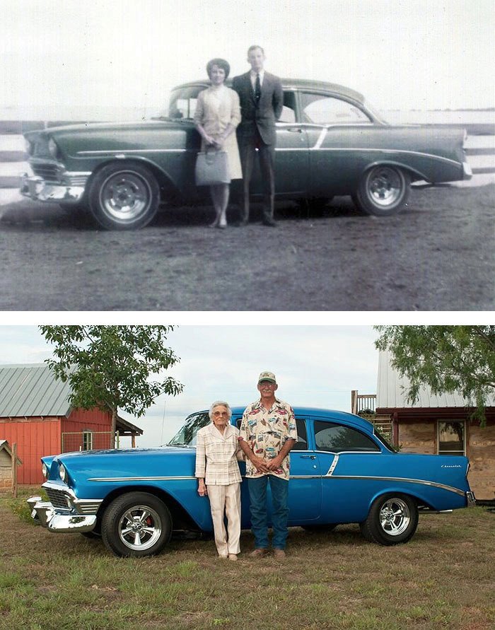 Stejné auto, stejný pár, rozdíl několik desítek let.