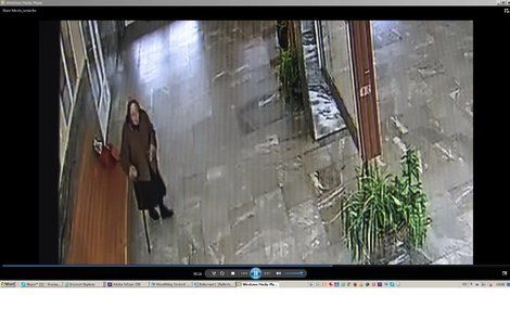 Poslední snímek z kamer na nádraží. Je vysoká 150 cm. Na hlavě měla šátek, na sobě delší hnědý kabát, v ruce hůl a červenou nákupní tašku.