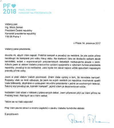 Dopis Pavla Fischera prezidentovi Miloši Zemanovi, aby vstoupil do kampaně.