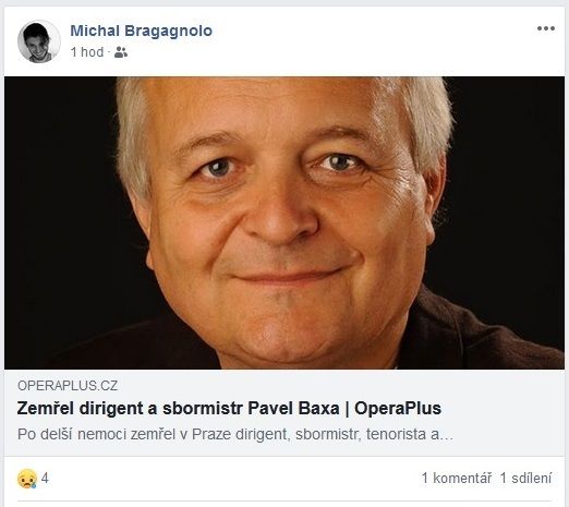 Michal Braganolo onu smutnou novinku sdílel na svém facebooku.