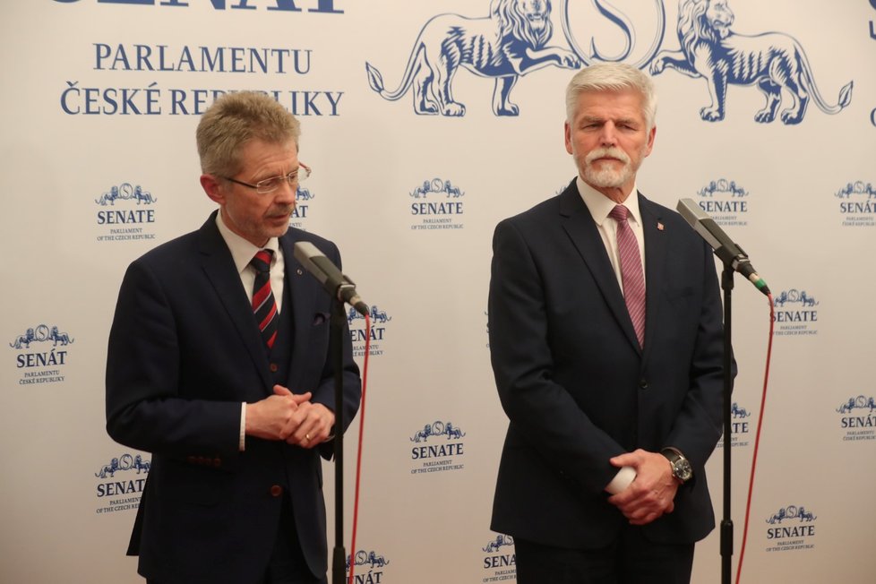 Setkání v Senátu: Předseda Senátu Miloš Vystrčil (ODS) a nově zvolený prezident Petr Pavel (1. 2. 2023)
