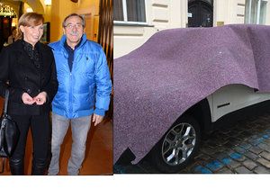 Pavel Zedníček s manželkou Kousalovou měli ráno na autě překvapení v podobě fialového koberce.
