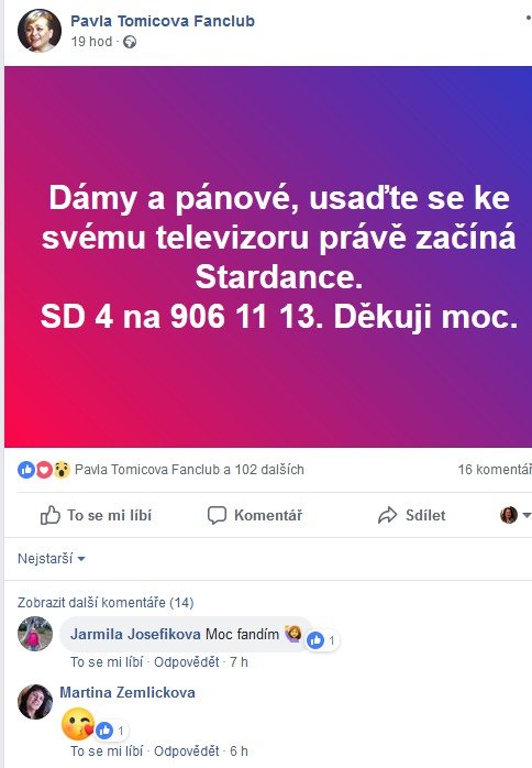 Podpora fanoušků Tomicové na Facebooku