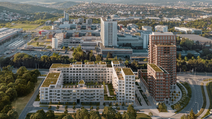 Vizualizace multifunkčního projektu Brixx od Pelčák a partner architekti v Brně-Bohunicích, kde vzniknou i nájemní byty pro studenty.