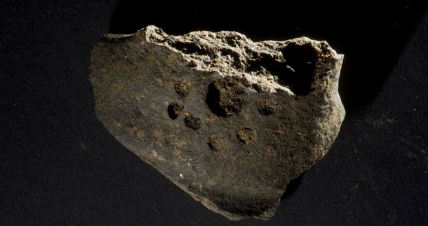 Keramický střep ze středověku nalezený v Kateřinské jeskyni v Moravském krasu.