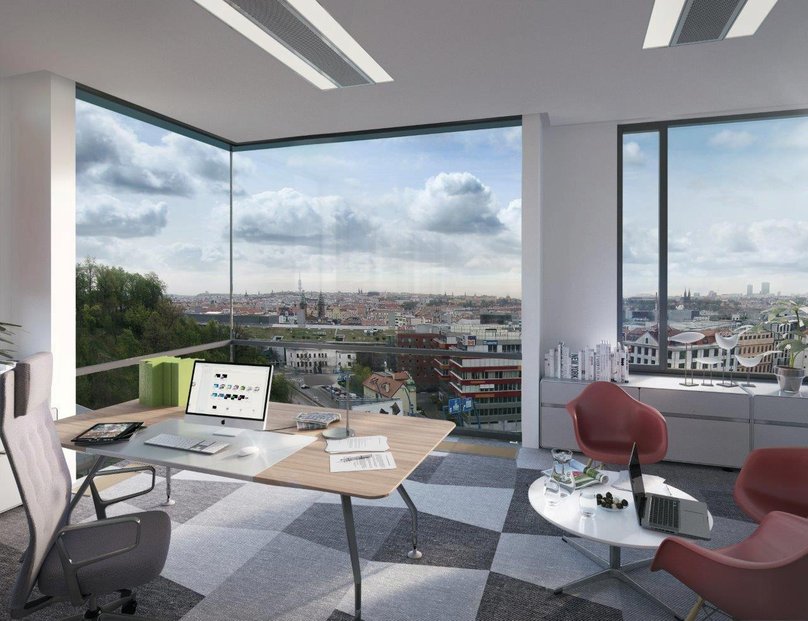Vizualizace nového kancelářského centra SmíchOff, které v Praze 5 nedaleko Anděla postaví investiční skupina Penta podle návrhu architektonického studia Bogle Architects.
