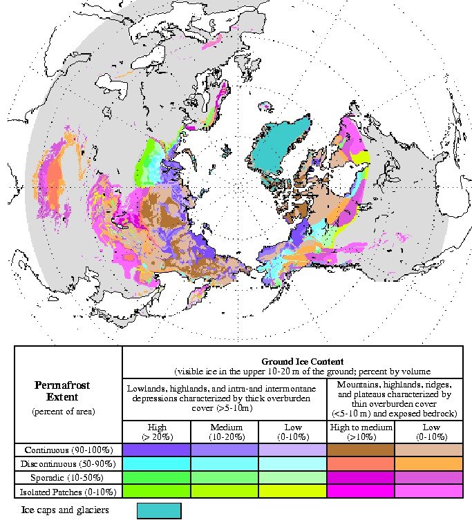 Mapa zobrazující rozložení permafrostu na severní polokouli.