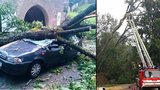Větrná smršť na hradě Pernštejn: Desítky popadaných stromů, zdemolované auto