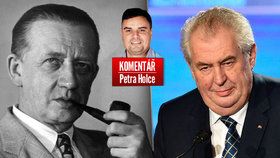 Novinář Ferdinand Peroutka (vlevo), prezident Miloš Zeman a mezi nimi komentátor Petr Holec