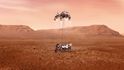 vizualizace přistání roveru Perservance na Marsu pomocí speciálního raketového systému "Jeřáb"