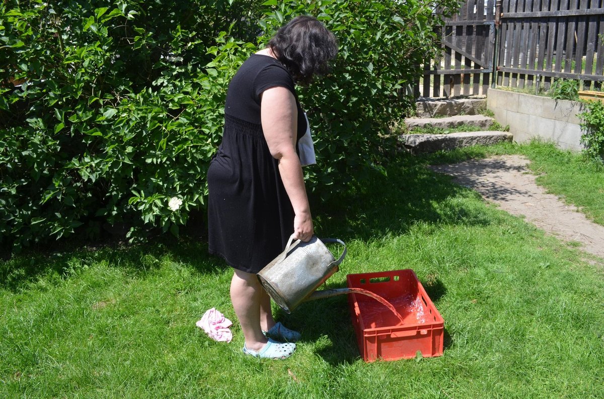 Paní Hanka připravuje nádobu s vlažnou vodou, ve které Matýska smočí.