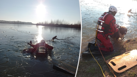 Záchrana australského ovčáka Bruna z ledu