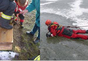 Hasiči vytáhli z mrazivé vody rybníka na Znojemsku psa, který se do ní propadl dírou v ledu.