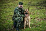 Ministr obrany Vlastimil Picek ocenil německého ovčáka Athose zraněného při misi v Afghánistánu. Na snímku je pes se svým psovodem Rostislavem Bartončíkem.
