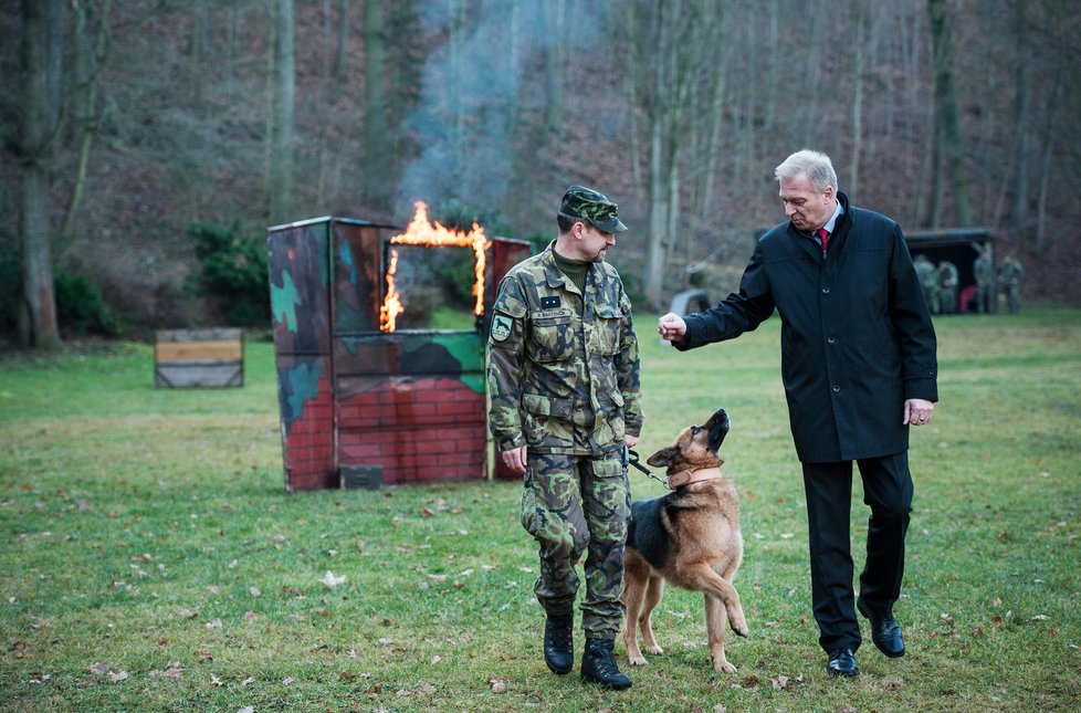 Ministr obrany Vlastimil Picek ocenil německého ovčáka Athose zraněného při misi v Afghánistánu. Na snímku je pes se svým psovodem Rostislavem Bartončíkem.