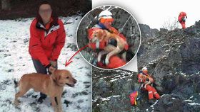 Nešťastný pes uvízl uprostřed skály. Hasič-lezec pro něj slanil, záchranná akce trvala necelou hodinku.