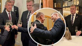 Peter Pellegrini se vřele zdravil s Andrejem Babišem, nechyběl ani Filip Turek (4. 11. 2025).