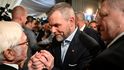 Radost ve štábu vítěze slovenských prezidentských voleb 2024 Petera Pellegriniho (7.4.2024)