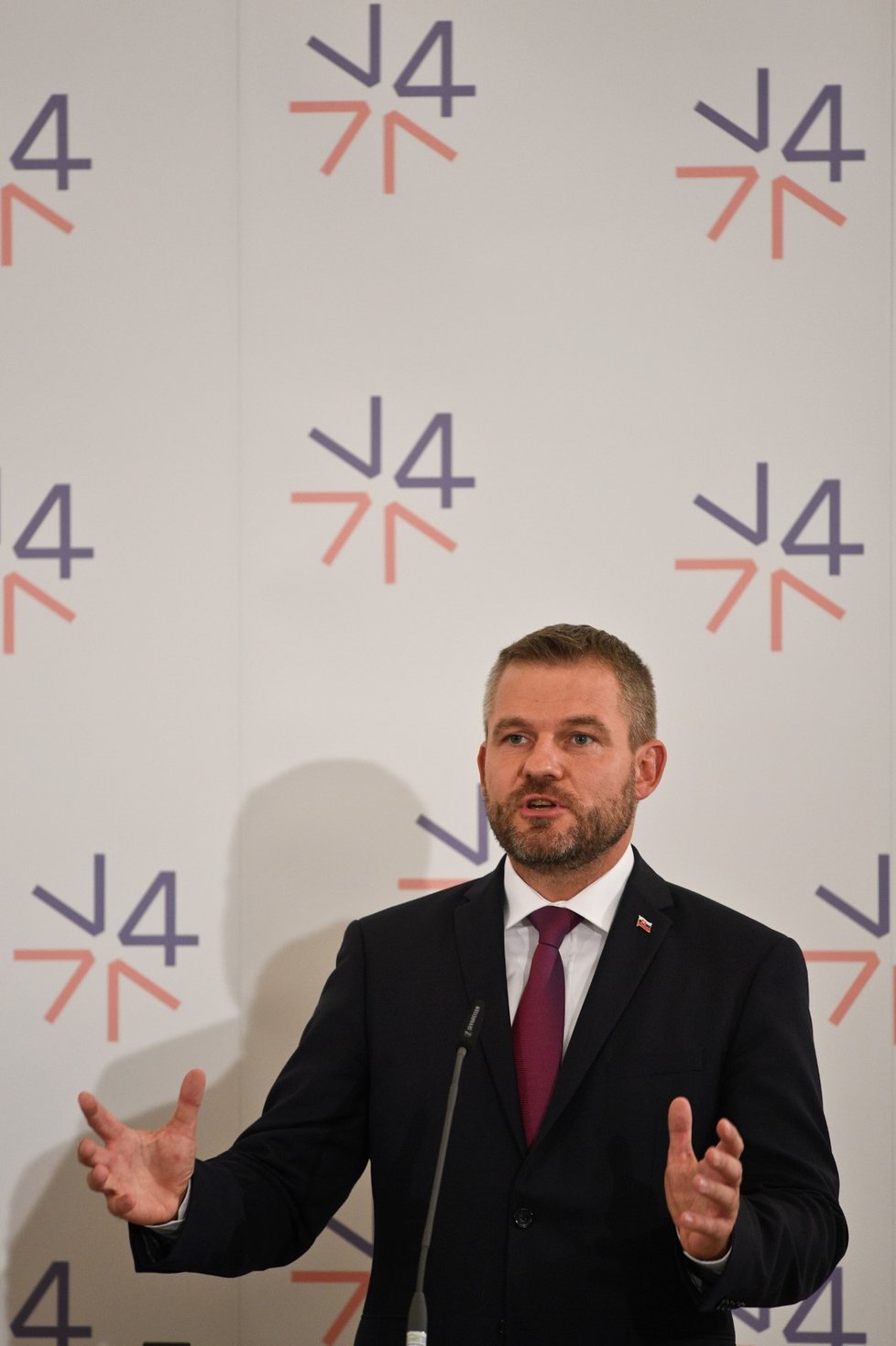 Slovenský premiér Peter Pellegrini hovoří v Praze na tiskové konferenci po jednání premiérů zemí visegrádské skupiny s předsedy vlád zemí západní Balkánu (12. 9. 2019)
