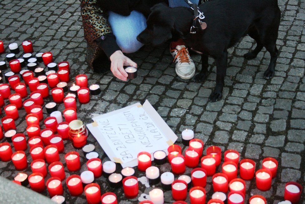 Před Úřadem vlády se podepisoval petice za přísnější opatření proti šíření nemoci covid-19 a zapalovaly svíčky za podle organizátorů &#34;oběti neschopné vlády&#34;.