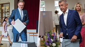 Premiér Petr Fiala (ODS) a šéf ANO Andrej Babiš u voleb do Evropského parlamentu.