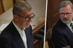 Expremiér Andrej Babiš (ANO) a premiér Petr Fiala (ODS)