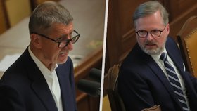 Expremiér Andrej Babiš (ANO) a premiér Petr Fiala (ODS)