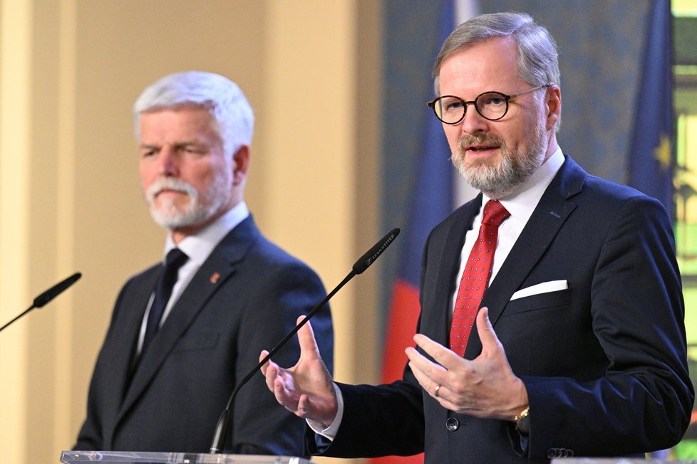 Prezident Pavel a premiér Fiala na tiskovce po jednání Bezpečnostní rady státu (12. 4. 2023)