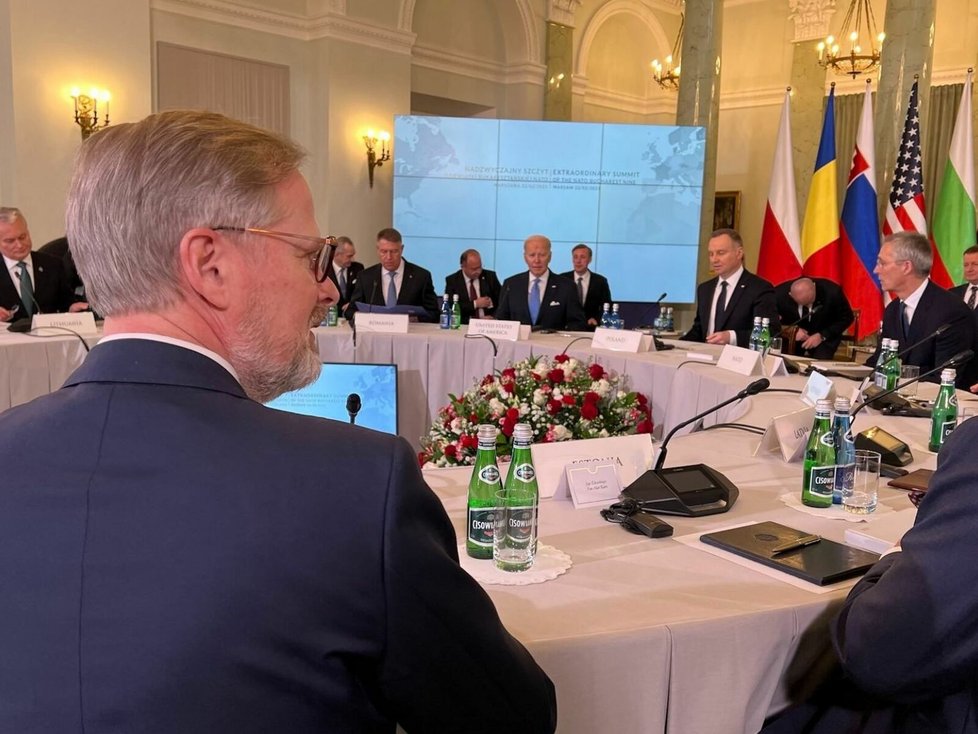 Premiér Petr Fiala (ODS) na jednání skupiny B9 za účasti amerického prezidenta Joea Bidena (22.2.2023)