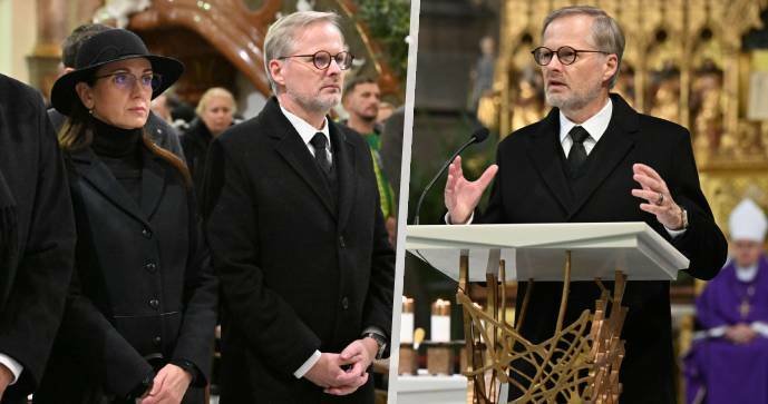 Premiér Fiala (ODS) s manželkou Janou na brněnské mši za oběti teroru (23.12.2023)