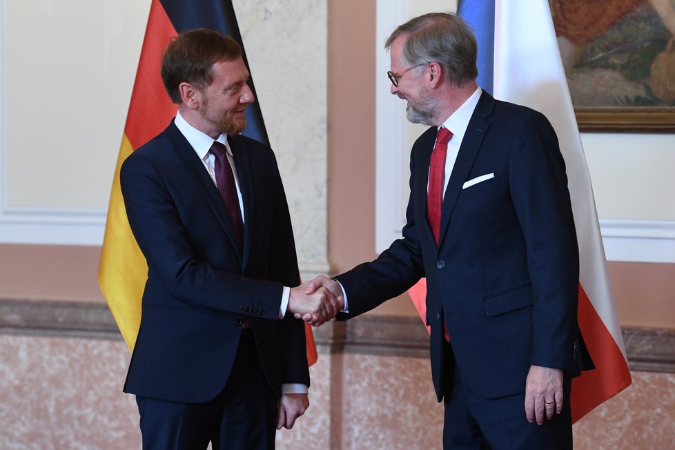 Premiér Petr Fiala (ODS) v Praze přivítal saského premiéra Kretschmera (27.6.2022)