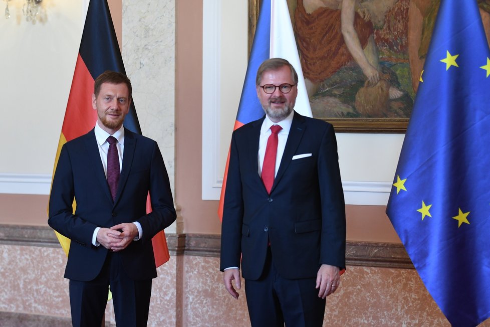 Premiér Petr Fiala (ODS) v Praze přivítal saského premiéra Kretschmera (27.6.2022)
