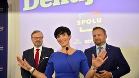 Koalice Spolu: Petr Fiala (ODS), Markéta Pekarová Adamová (TOP 09) a Marian Jurečka (KDU-ČSL)