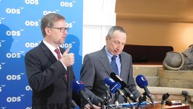 Předseda ODS Petr Fiala a expert ODS na oblast školství Václav Klaus mladší na tiskovce ve Sněmovně