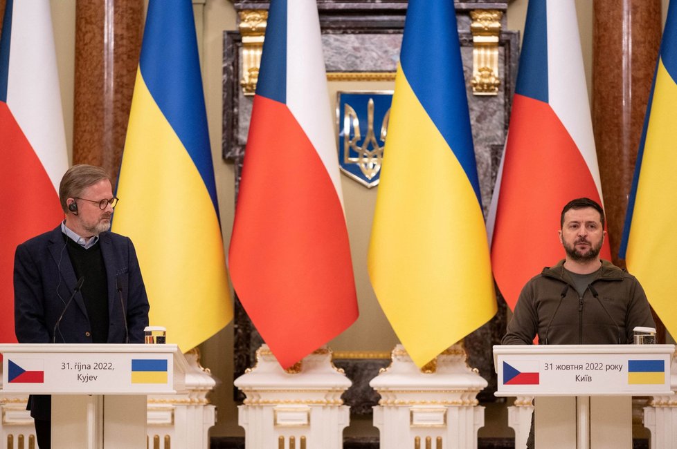 Premiér Petr Fiala (ODS) a ukrajinský prezident Volodymyr Zelenskyj