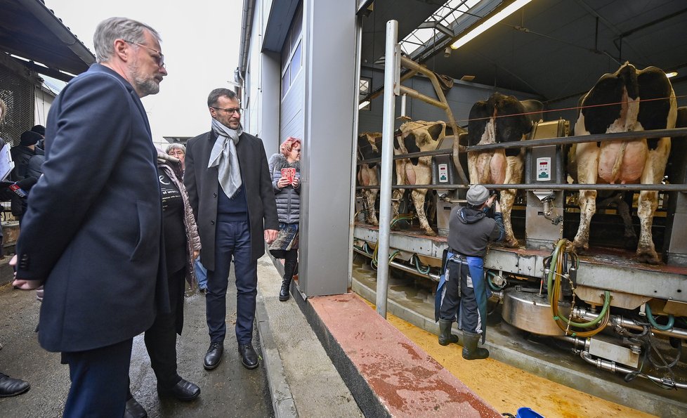 Předseda vlády Petr Fiala a ministr zemědělství Zdeněk Nekula při prohlídce Farmy Luka během návštěvy Kraje Vysočina