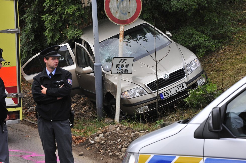 Ukradeným autem narazil Petr H. do služebního policejního auta a skončil v příkopě.