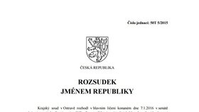 První stránka rozsudku nad Petrem Kramným