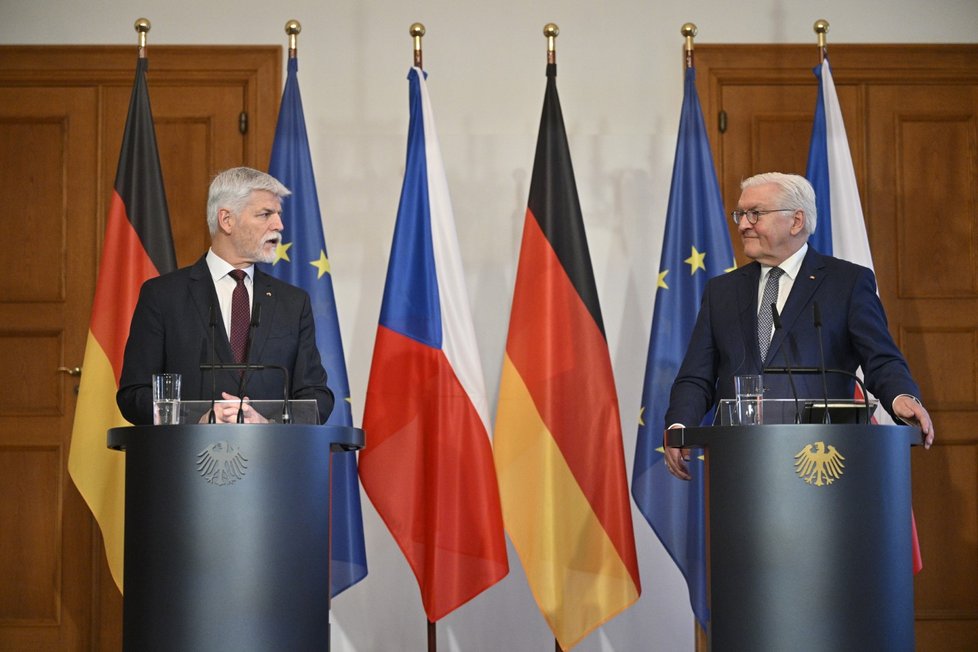 Český prezident Petr Pavel a německý prezident Frank-Walter Steinmeier na tiskové konferenci v Berlíně (21.3.2023)