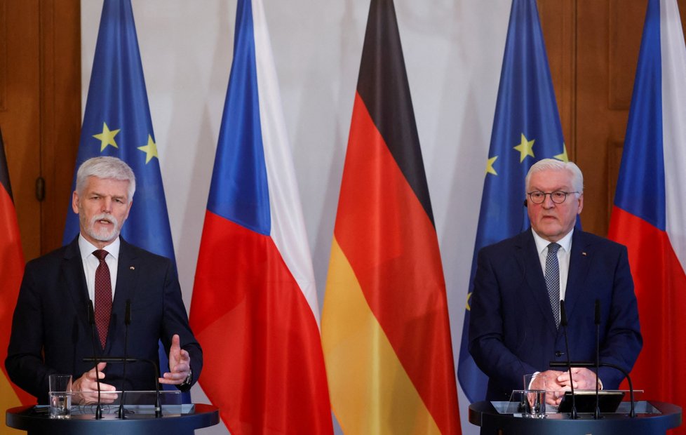 Český prezident Petr Pavel a německý prezident Frank-Walter Steinmeier na tiskové konferenci v Berlíně (21.3.2023)