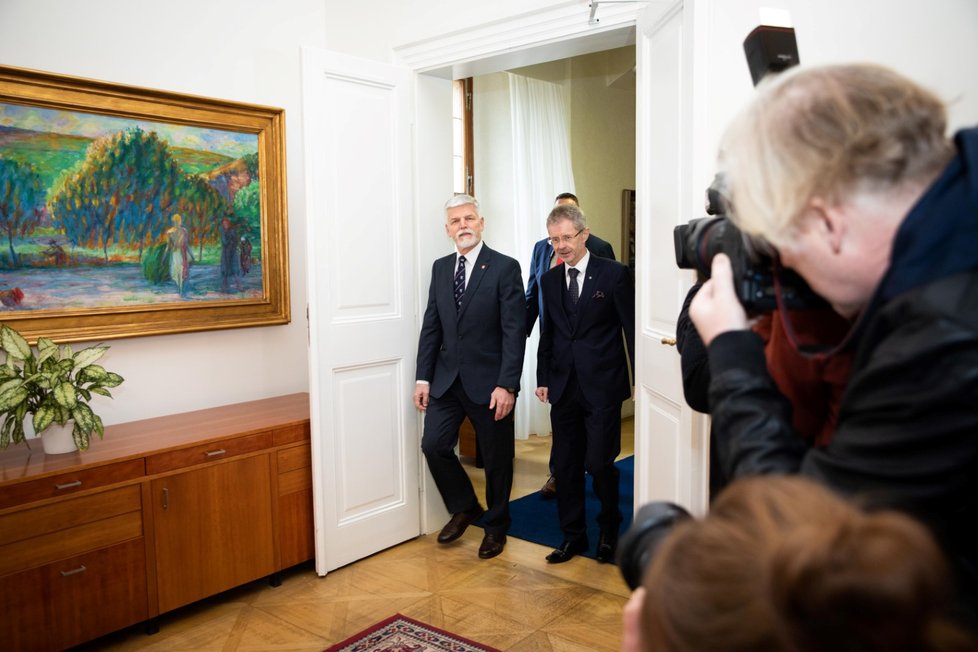 Prezident Petr Pavel na návštěvě Senátu s předsedou horní komory Milošem Vystrčilem (30.3.2023)