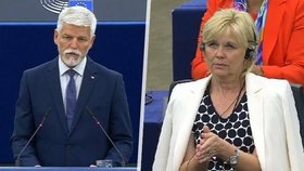 Projev Petra Pavla v europarlamentu ve Štrasburku sledovala v sále i první dáma Eva (4.10.2023)
