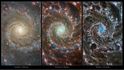 Tři pohledy na Phantom Galaxy: optický pohled z Hubbleova teleskopu, kombinace dvou snímku, infračervený pohled z Webbova teleskopu.