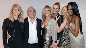 Miliardář a podnikatel Philip Green se rád obklopuje celebritami a modelkami. Na snímku s Kate Moss, Naomi Campbell, Carou Delevingne, Siennou Miller a Suki Waterhouse.