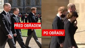 Znesváření bratři William a Harry poslechli babičku a v průvodu za rakví šli několik metrů od sebe. Naproti sobě seděli také při mši, po obřadu však k sobě cestu našli.