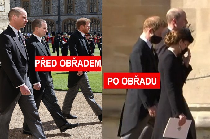 Znesváření bratři William a Harry poslechli babičku a v průvodu za rakví šli několik metrů od sebe. Na proti sobě seděli také při mši, po obřadu však k sobě cestu našli